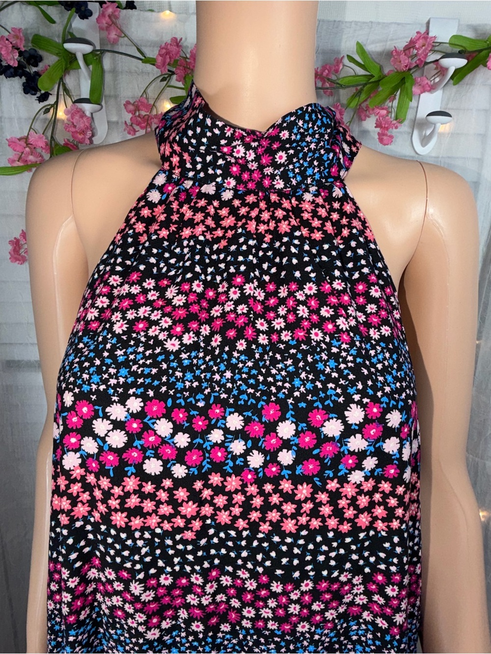 Emily Wonder Sleeveless Halter Floral Dot Print Dress in Black and Pink